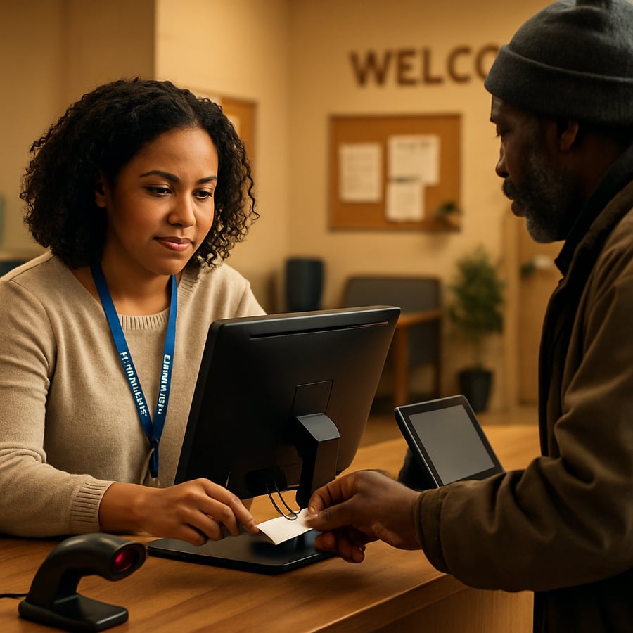 A realistic warmly lit photo of a care worker at a community shelter checkin desk The worker is focused on their computer screen the screen is facing A realistic warmly lit photo of a care worker at a community shelter checkin desk The worker is focused on their computer screen the screen is facing
